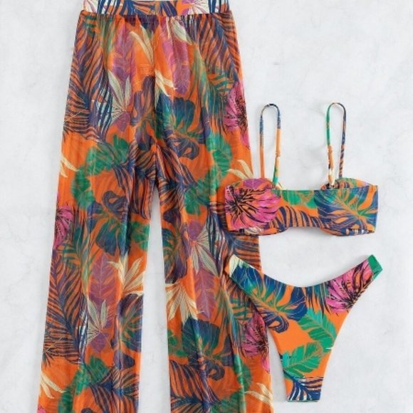 3pcs Tropical Print High Cut Bikini Swimsuit With Cover Up - Picture 5 of 5